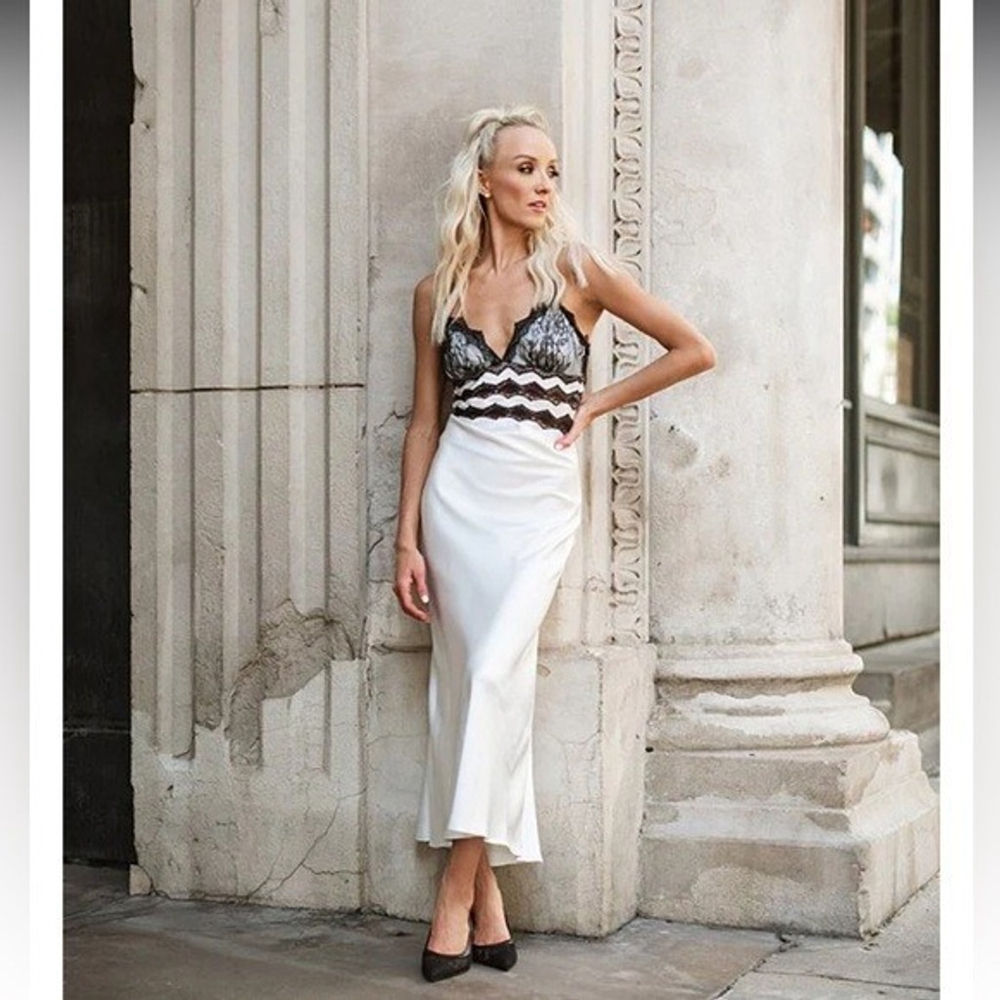 Nastia Liukin for Gianni Bini White Black Lace Slip Maxi Dress 14 Babydoll Retro